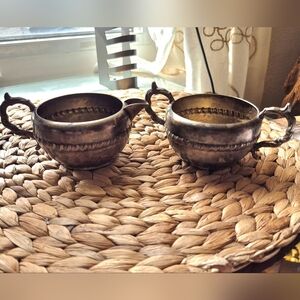 Silver with Copper Scroll Cream and Sugar dishes - Antique Tarnished 